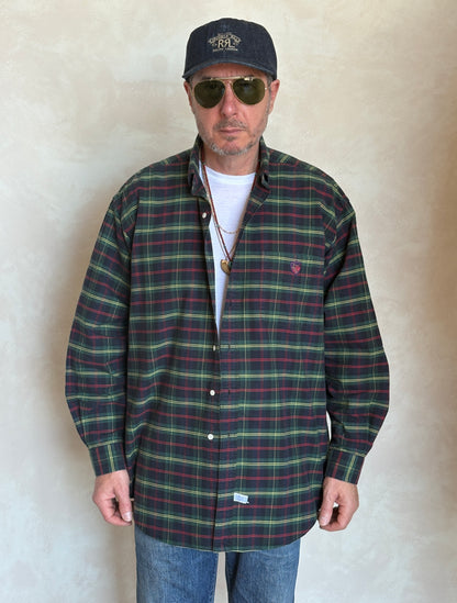 Ralph Lauren The Big Shirt Large | Dark Green Tartan Plaid Cotton | Polo Shield Logo | Vintage Oversized Mens Shirt