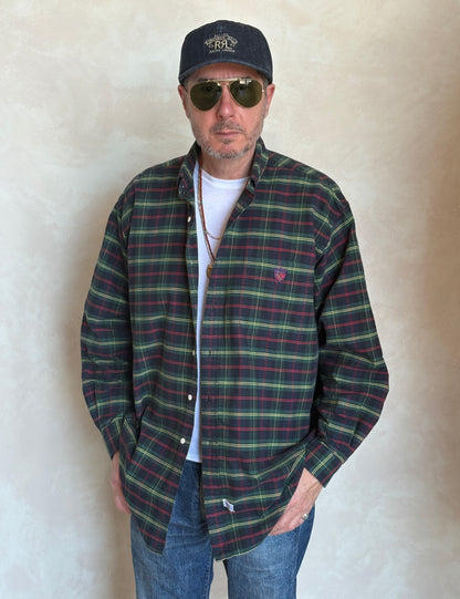 Ralph Lauren The Big Shirt Large | Dark Green Tartan Plaid Cotton | Polo Shield Logo | Vintage Oversized Mens Shirt