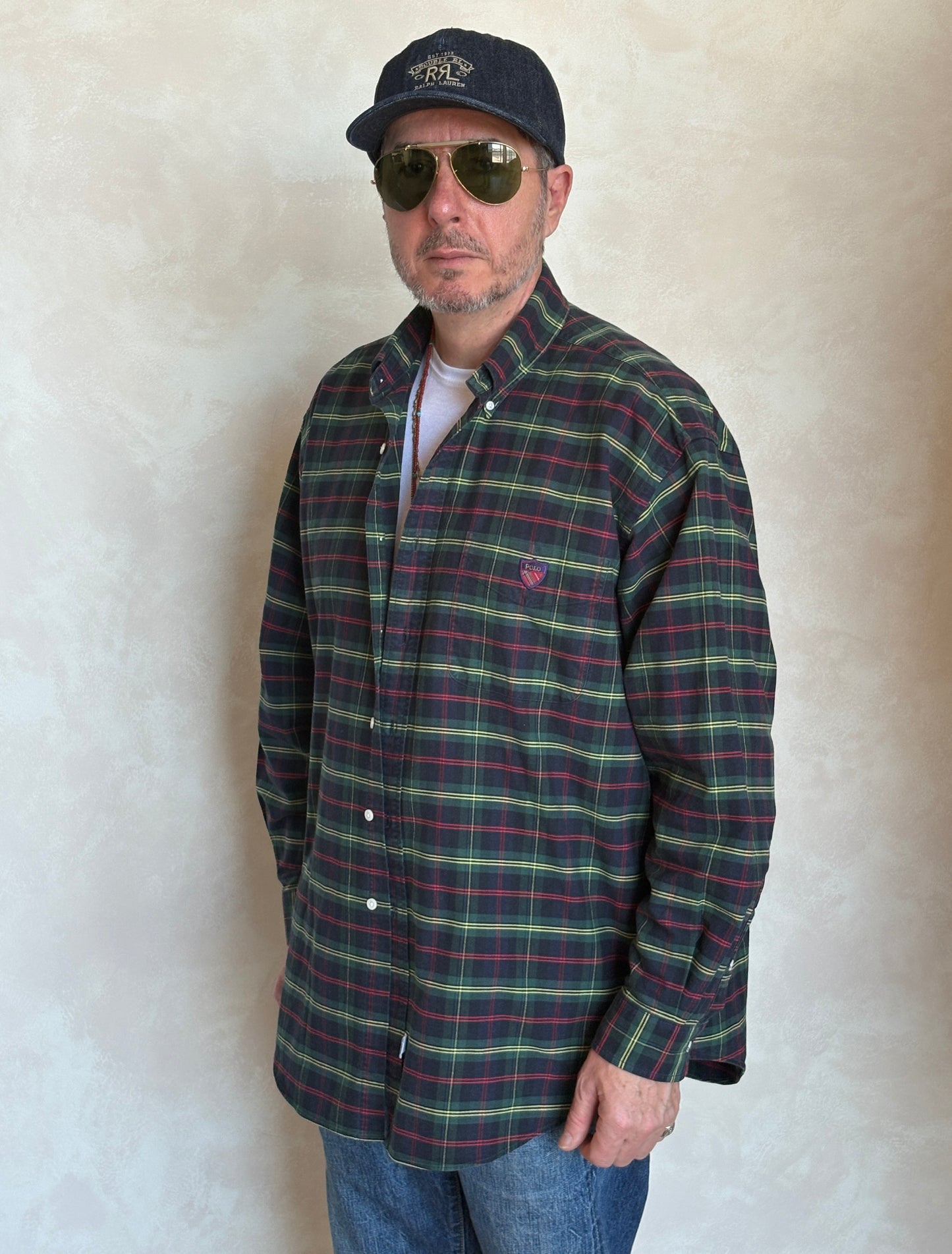 Ralph Lauren The Big Shirt Large | Dark Green Tartan Plaid Cotton | Polo Shield Logo | Vintage Oversized Mens Shirt