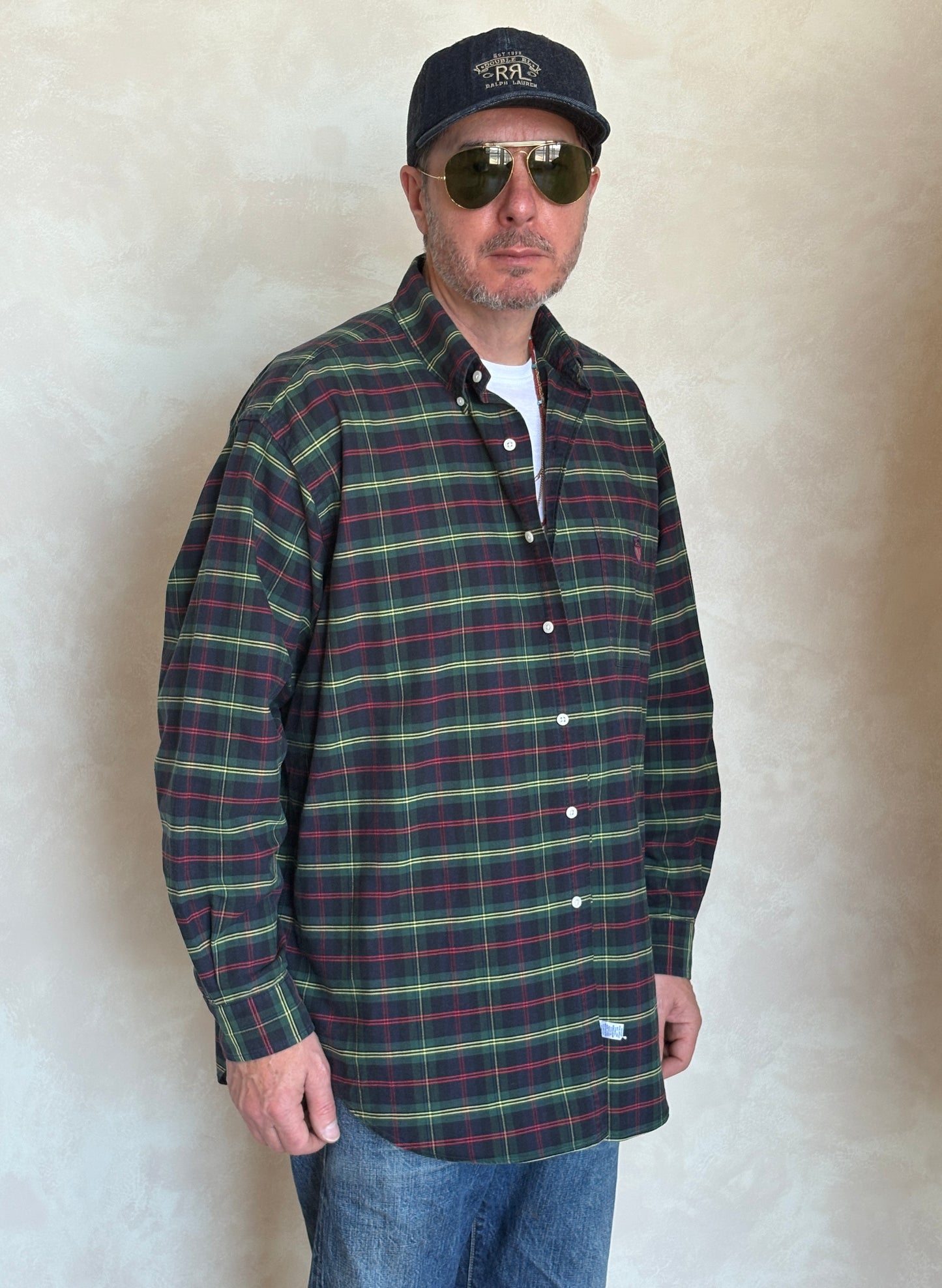 Ralph Lauren The Big Shirt Large | Dark Green Tartan Plaid Cotton | Polo Shield Logo | Vintage Oversized Mens Shirt