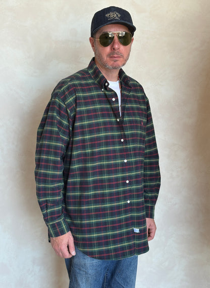 Ralph Lauren The Big Shirt Large | Dark Green Tartan Plaid Cotton | Polo Shield Logo | Vintage Oversized Mens Shirt