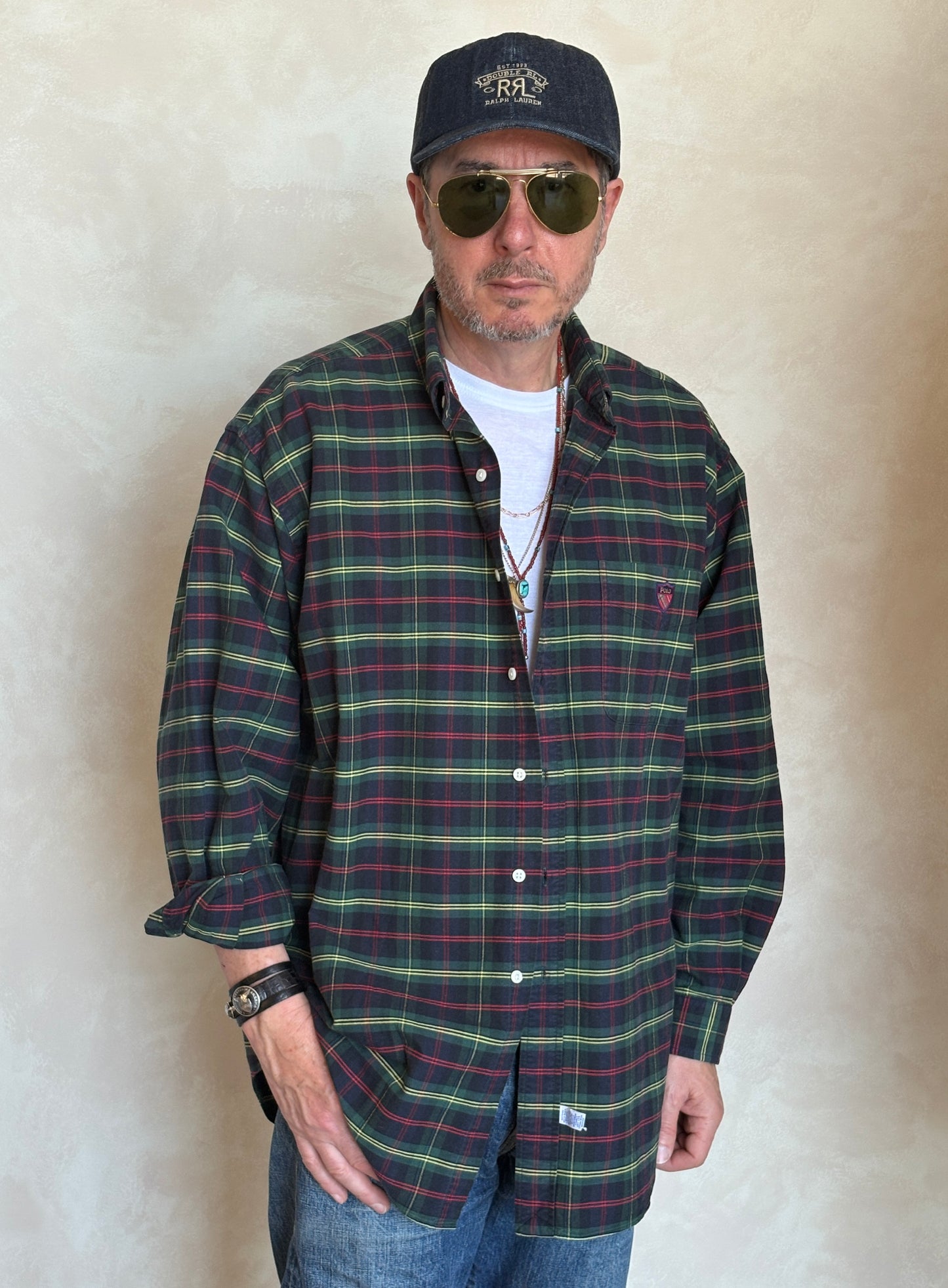 Ralph Lauren The Big Shirt Large | Dark Green Tartan Plaid Cotton | Polo Shield Logo | Vintage Oversized Mens Shirt