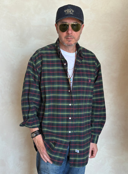 Ralph Lauren The Big Shirt Large | Dark Green Tartan Plaid Cotton | Polo Shield Logo | Vintage Oversized Mens Shirt