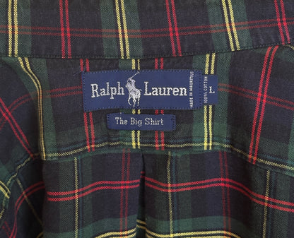 Ralph Lauren The Big Shirt Large | Dark Green Tartan Plaid Cotton | Polo Shield Logo | Vintage Oversized Mens Shirt
