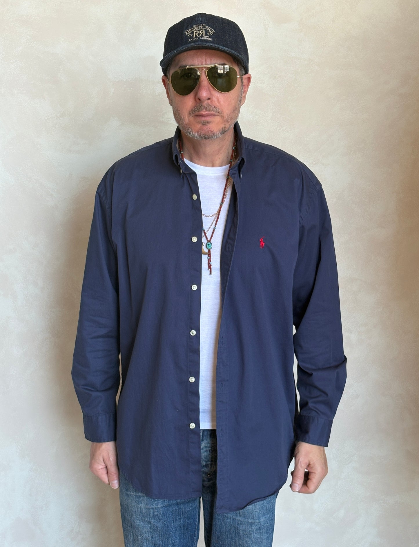 Ralph Lauren BLAKE Button-Down Shirt Large | Solid Navy 100% Cotton | Red Pony Logo | Mens Classic Shirt
