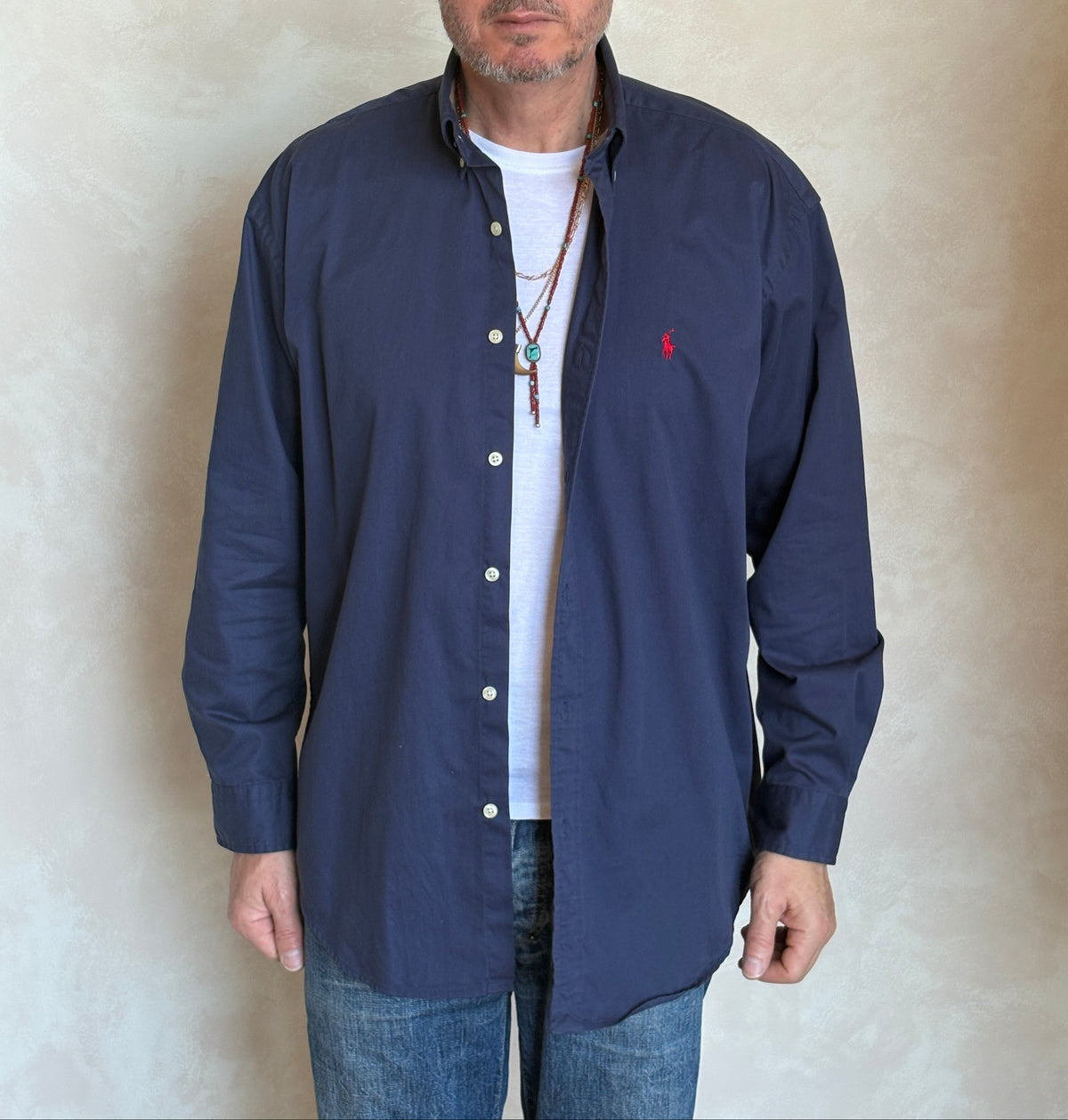Ralph Lauren BLAKE Button-Down Shirt Large | Solid Navy 100% Cotton | Red Pony Logo | Mens Classic Shirt-AJ357 Studio