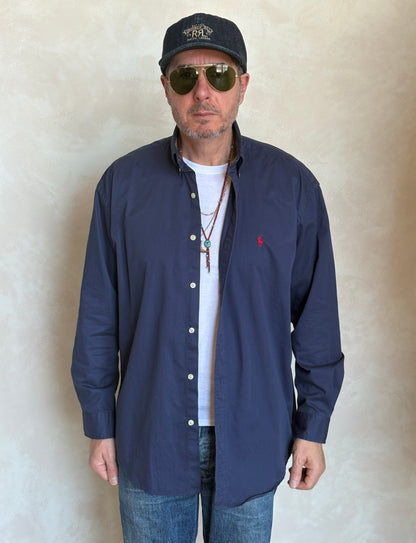Ralph Lauren BLAKE Button-Down Shirt Large | Solid Navy 100% Cotton | Red Pony Logo | Mens Classic Shirt