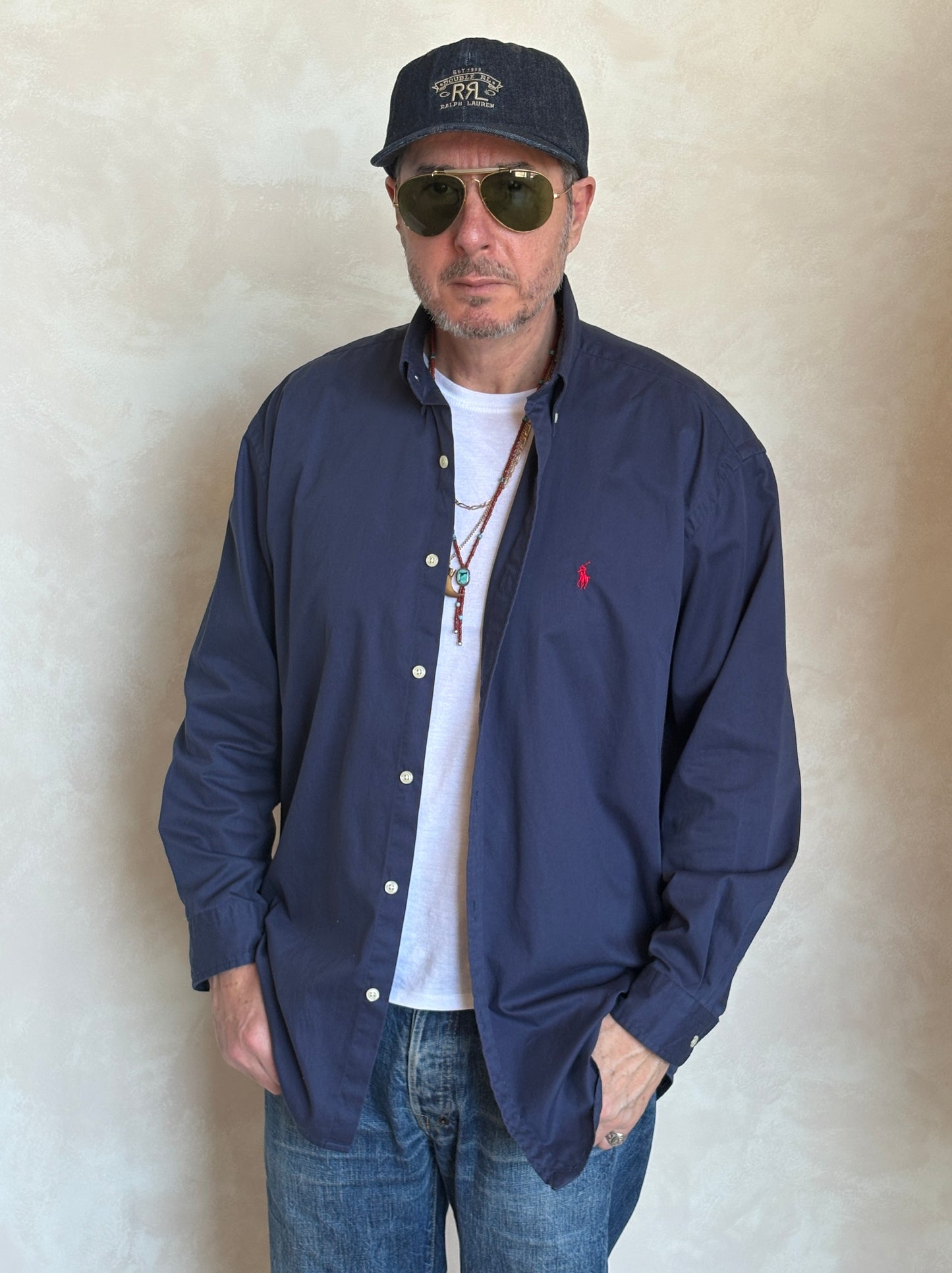 Ralph Lauren BLAKE Button-Down Shirt Large | Solid Navy 100% Cotton | Red Pony Logo | Mens Classic Shirt