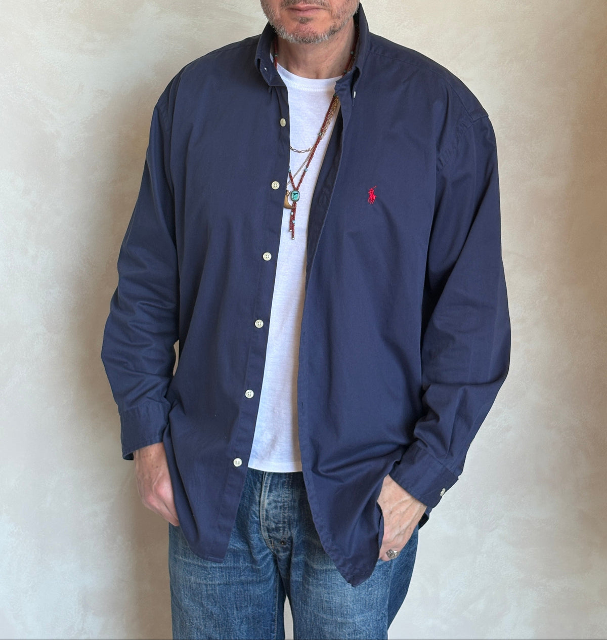 Ralph Lauren BLAKE Button-Down Shirt Large | Solid Navy 100% Cotton | Red Pony Logo | Mens Classic Shirt-AJ357 Studio