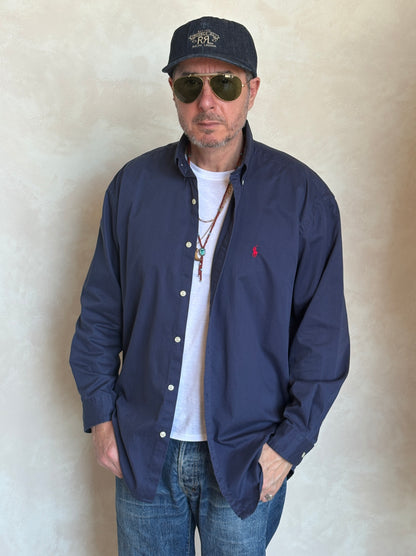 Ralph Lauren BLAKE Button-Down Shirt Large | Solid Navy 100% Cotton | Red Pony Logo | Mens Classic Shirt