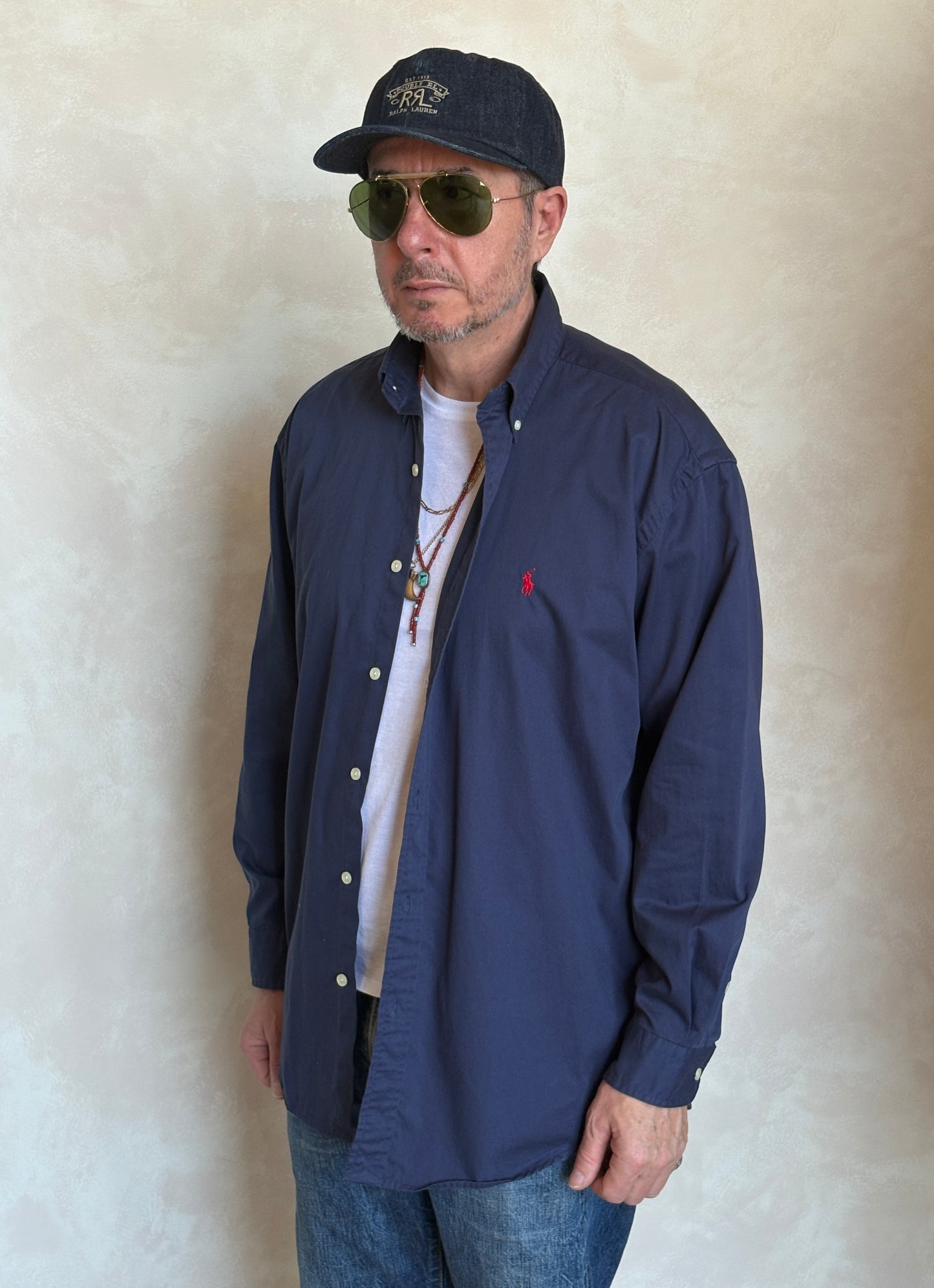 Ralph Lauren BLAKE Button-Down Shirt Large | Solid Navy 100% Cotton | Red Pony Logo | Mens Classic Shirt