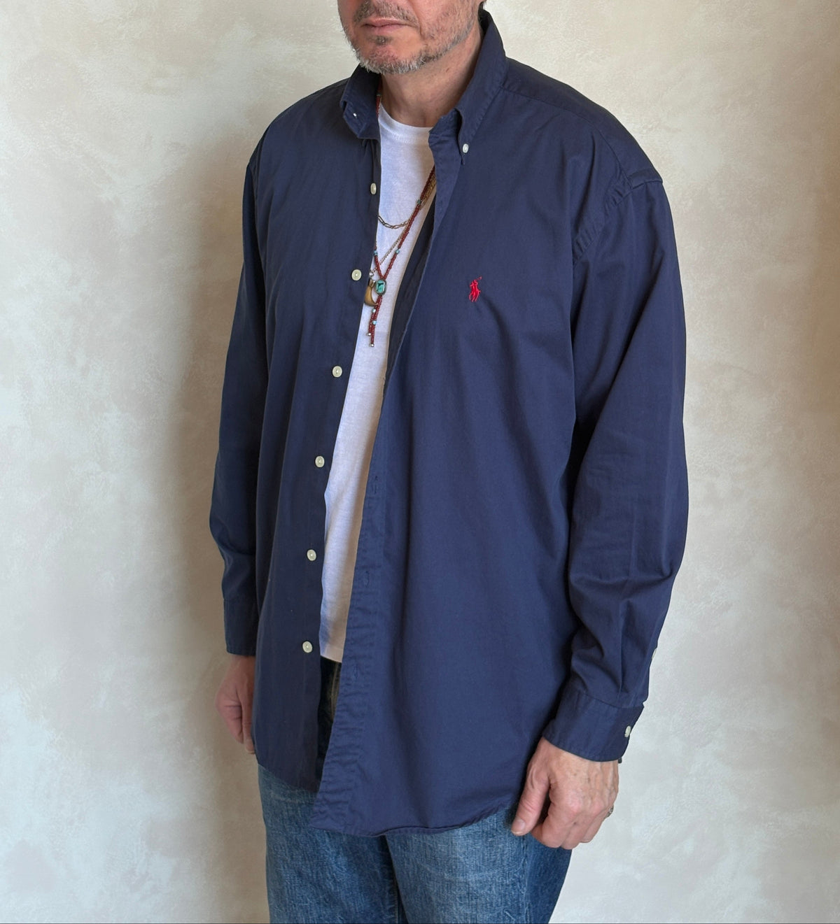Ralph Lauren BLAKE Button-Down Shirt Large | Solid Navy 100% Cotton | Red Pony Logo | Mens Classic Shirt-AJ357 Studio
