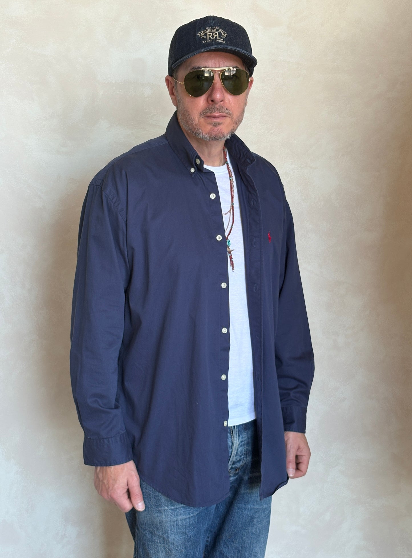 Ralph Lauren BLAKE Button-Down Shirt Large | Solid Navy 100% Cotton | Red Pony Logo | Mens Classic Shirt