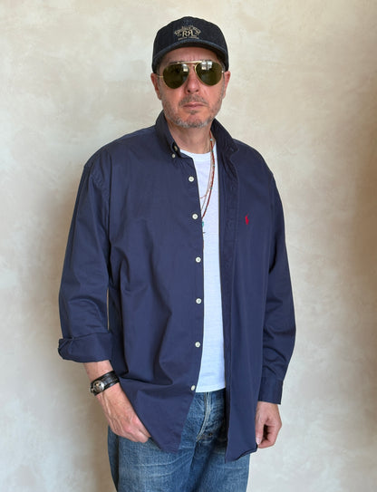Ralph Lauren BLAKE Button-Down Shirt Large | Solid Navy 100% Cotton | Red Pony Logo | Mens Classic Shirt