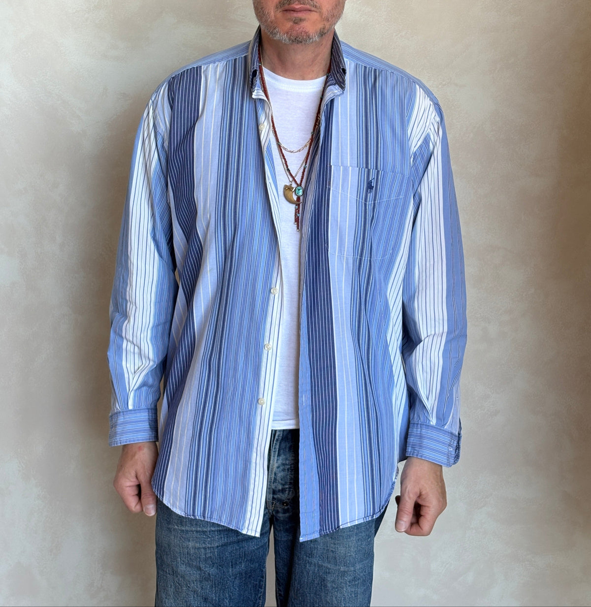 Ralph Lauren BLAIRE Button-Down Shirt Medium | Blue Multi Stripe Cotton | Made in Northern Mariana Islands | Mens Classic Shirt-AJ357 Studio