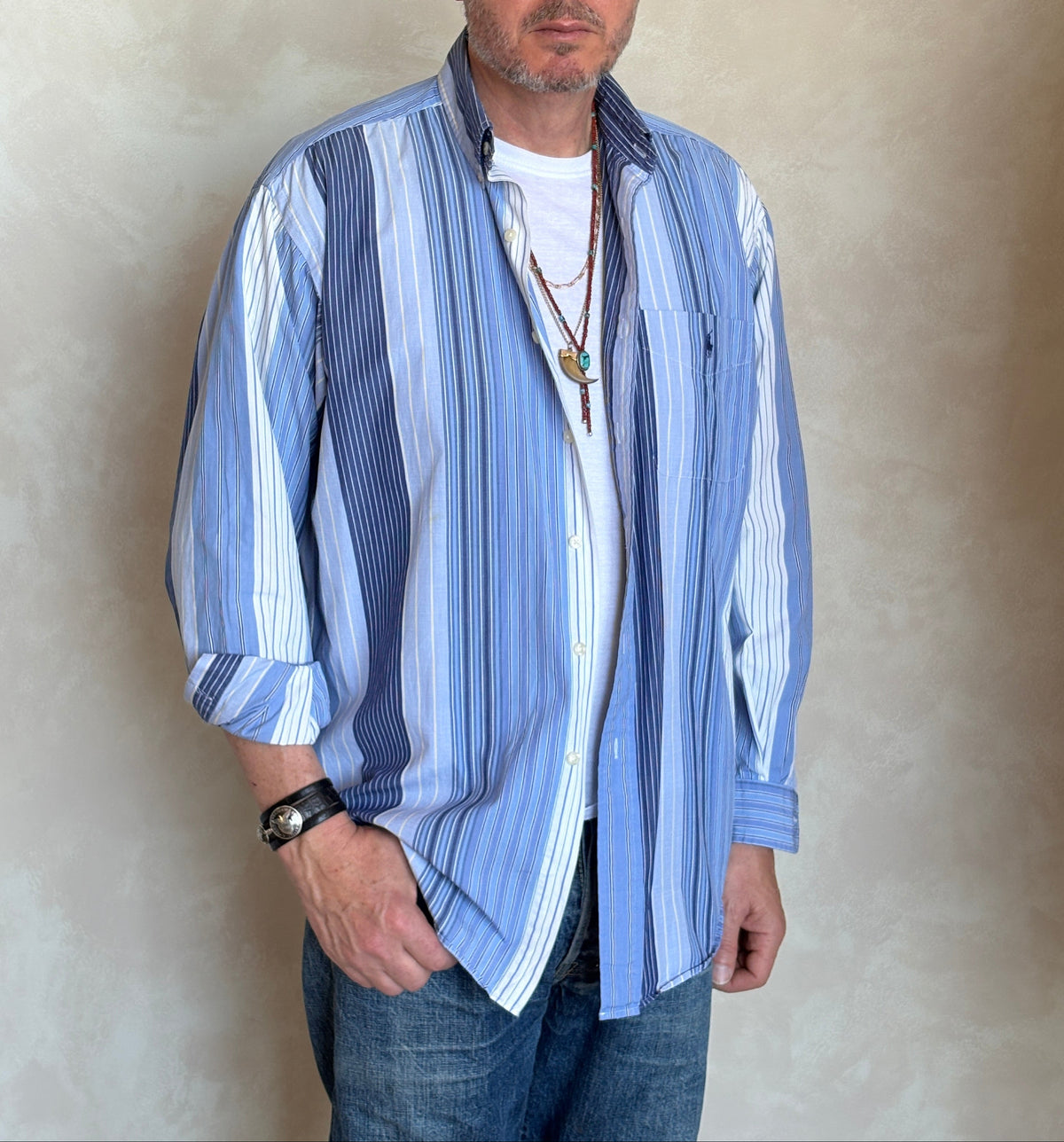 Ralph Lauren BLAIRE Button-Down Shirt Medium | Blue Multi Stripe Cotton | Made in Northern Mariana Islands | Mens Classic Shirt-AJ357 Studio