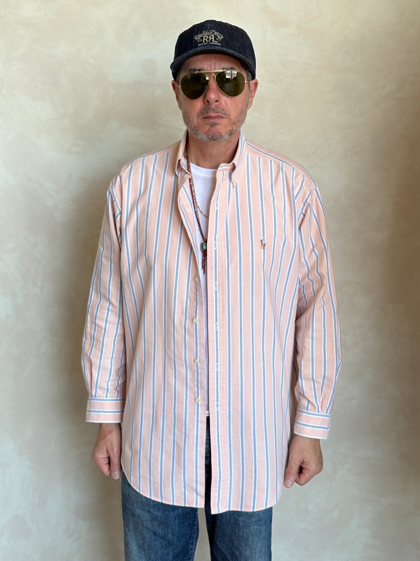 Ralph Lauren YARMOUTH Button-Down Shirt 16-32/33 Large | Peach Blue Stripe Cotton Oxford | Vintage Mens Shirt