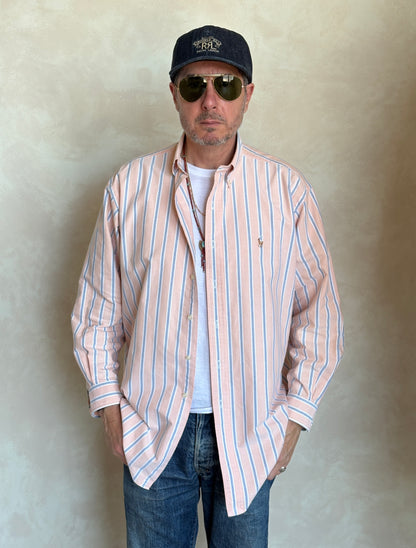 Ralph Lauren YARMOUTH Button-Down Shirt 16-32/33 Large | Peach Blue Stripe Cotton Oxford | Vintage Mens Shirt