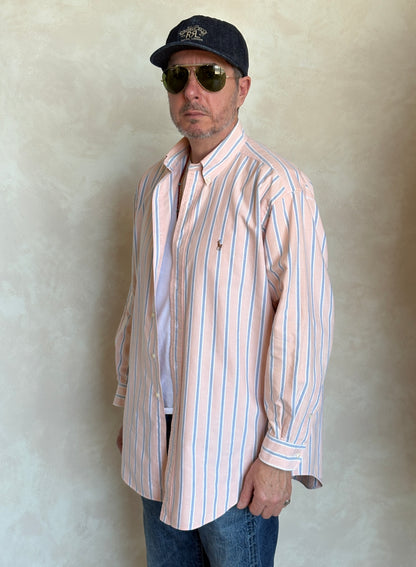 Ralph Lauren YARMOUTH Button-Down Shirt 16-32/33 Large | Peach Blue Stripe Cotton Oxford | Vintage Mens Shirt