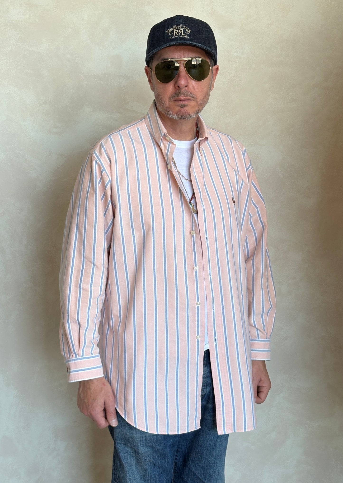 Ralph Lauren YARMOUTH Button-Down Shirt 16-32/33 Large | Peach Blue Stripe Cotton Oxford | Vintage Mens Shirt