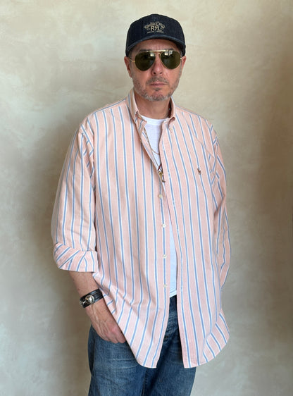 Ralph Lauren YARMOUTH Button-Down Shirt 16-32/33 Large | Peach Blue Stripe Cotton Oxford | Vintage Mens Shirt