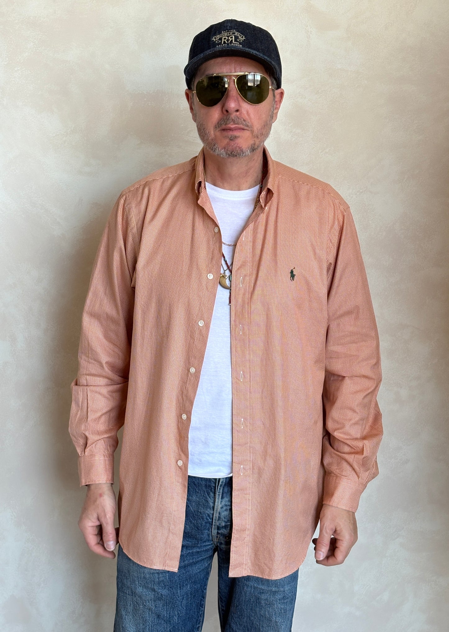 Ralph Lauren Classic Fit Button-Down Shirt Large | Rust Orange Houndstooth Cotton | Vintage Mens Shirt