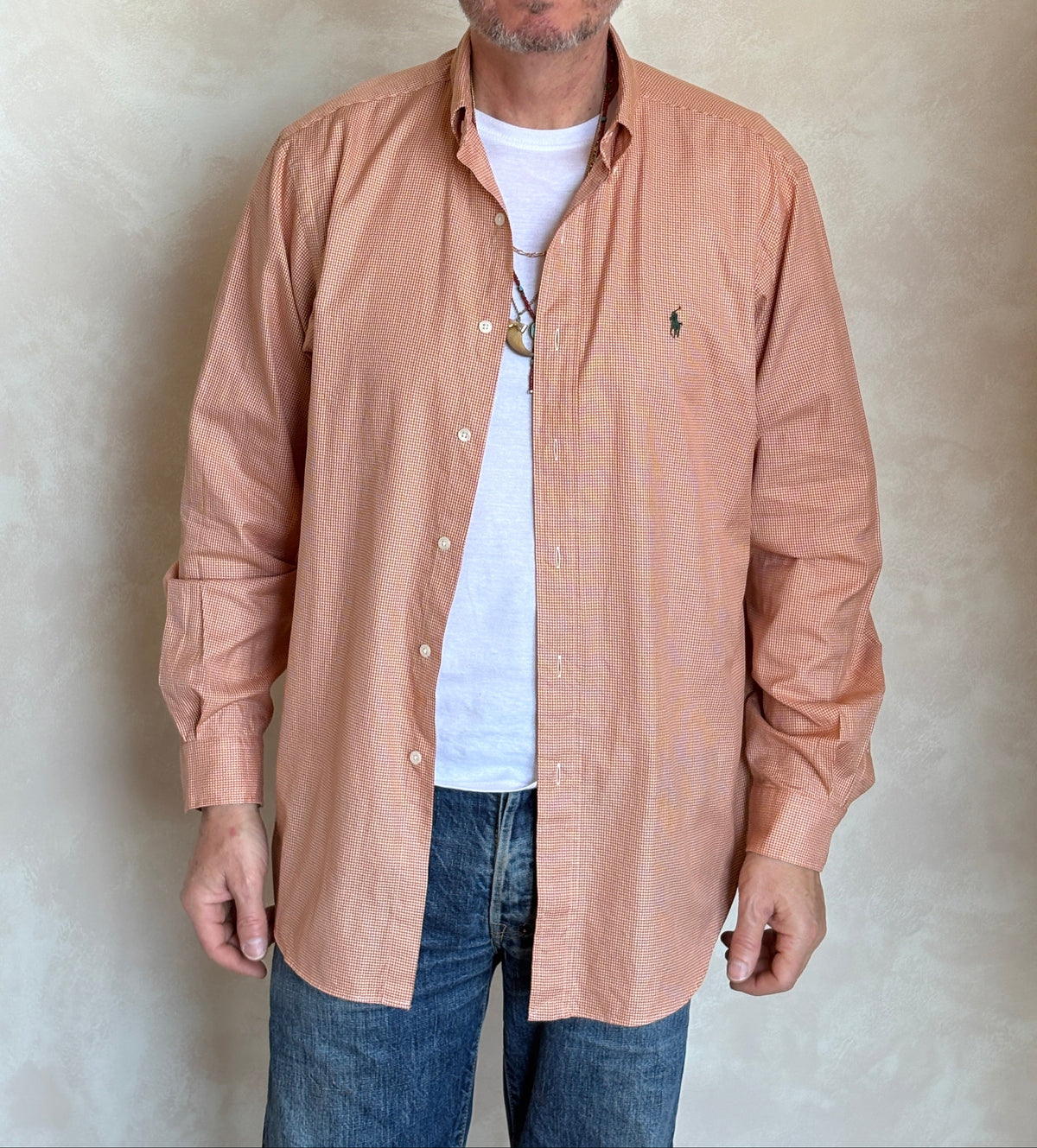 Ralph Lauren Classic Fit Button-Down Shirt Large | Rust Orange Houndstooth Cotton | Vintage Mens Shirt-AJ357 Studio