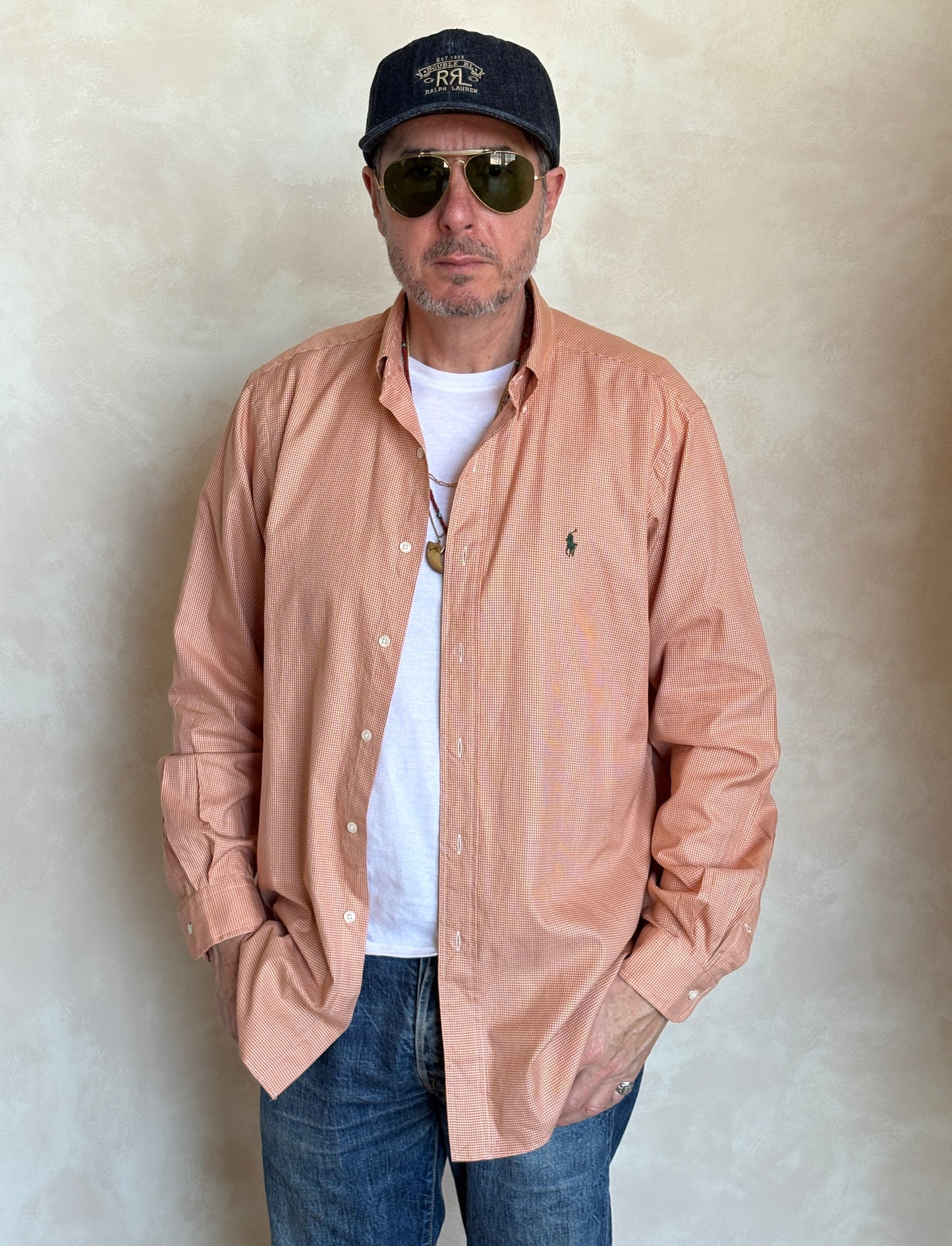 Ralph Lauren Classic Fit Button-Down Shirt Large | Rust Orange Houndstooth Cotton | Vintage Mens Shirt
