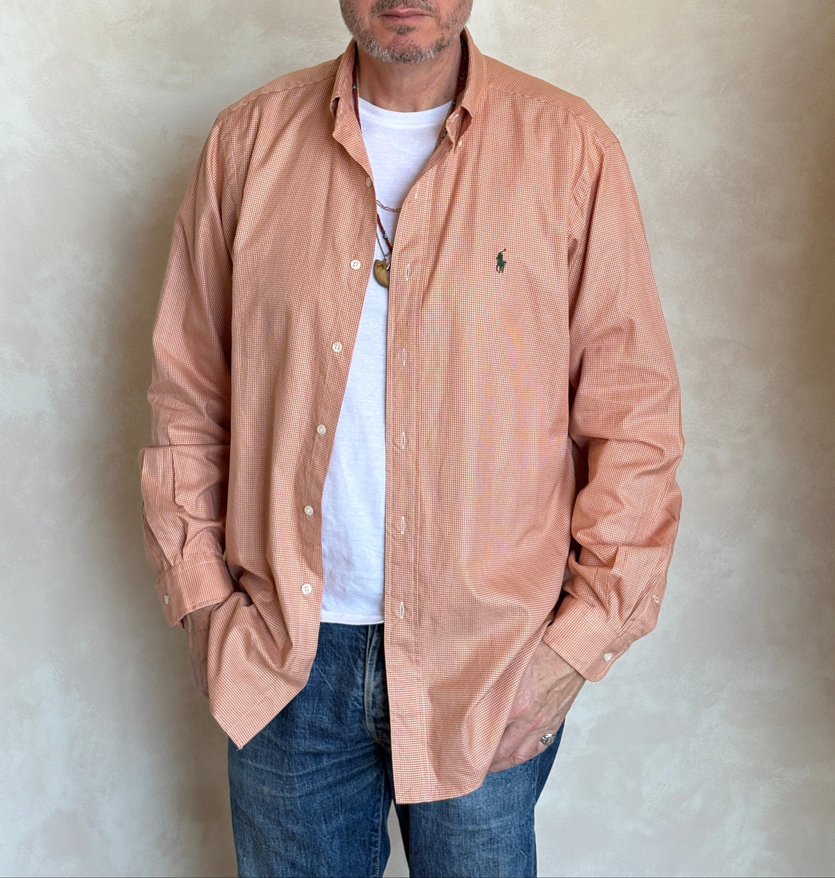Ralph Lauren Classic Fit Button-Down Shirt Large | Rust Orange Houndstooth Cotton | Vintage Mens Shirt-AJ357 Studio