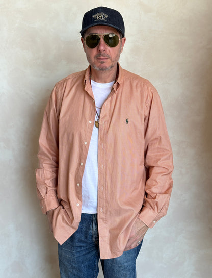 Ralph Lauren Classic Fit Button-Down Shirt Large | Rust Orange Houndstooth Cotton | Vintage Mens Shirt