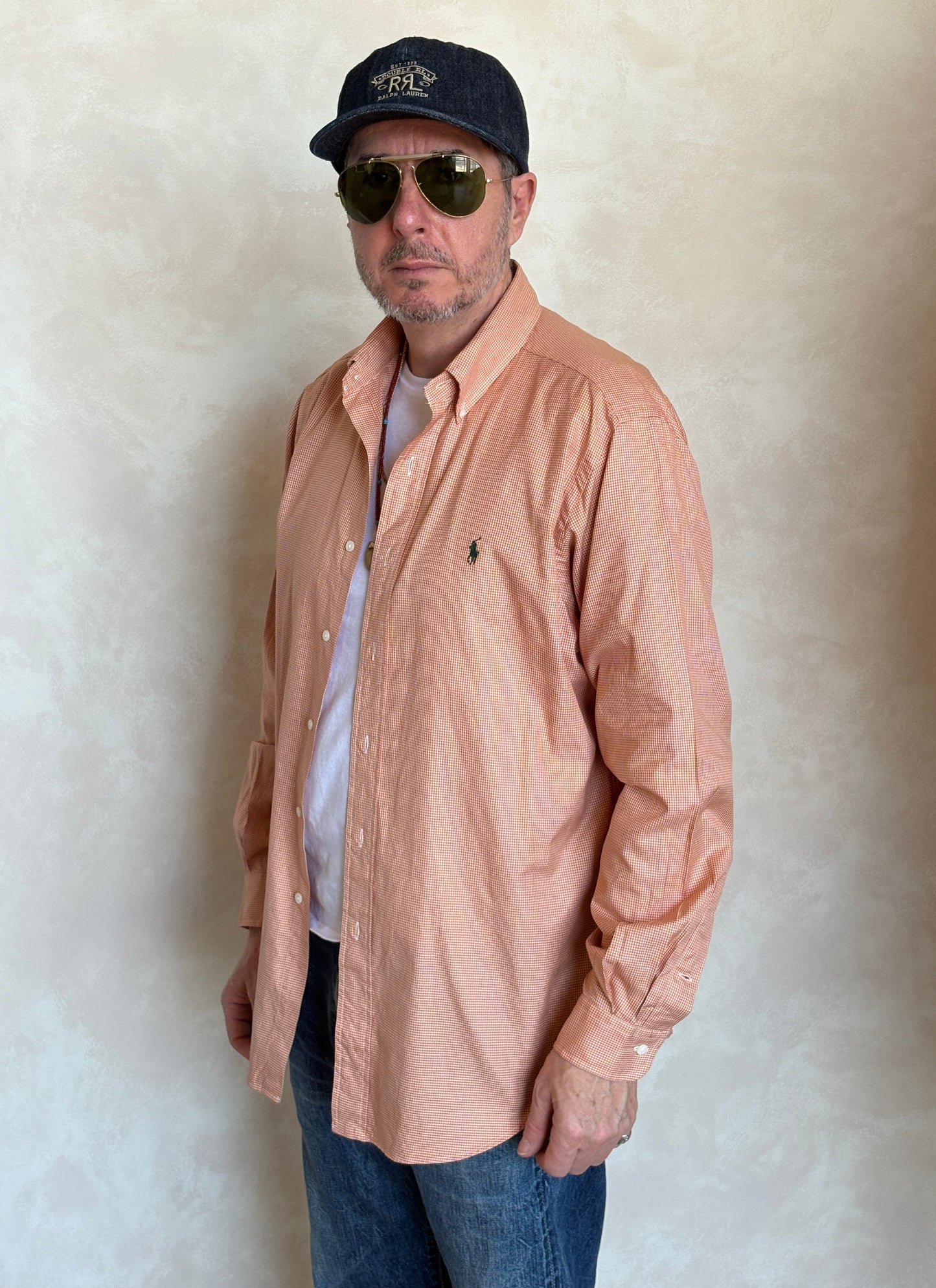 Ralph Lauren Classic Fit Button-Down Shirt Large | Rust Orange Houndstooth Cotton | Vintage Mens Shirt