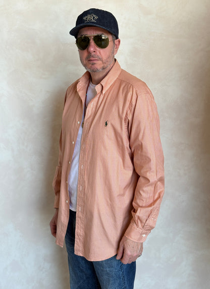 Ralph Lauren Classic Fit Button-Down Shirt Large | Rust Orange Houndstooth Cotton | Vintage Mens Shirt