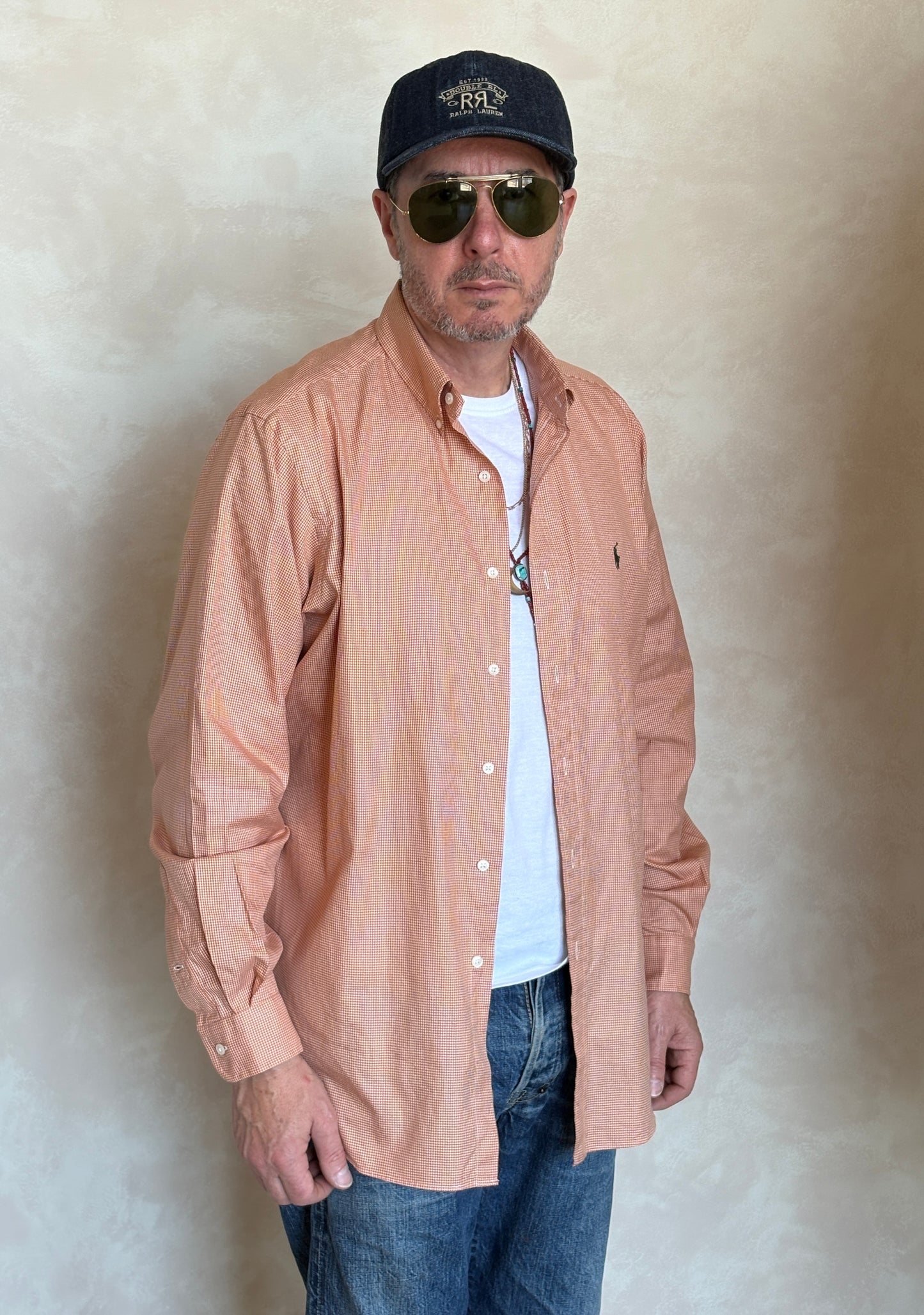 Ralph Lauren Classic Fit Button-Down Shirt Large | Rust Orange Houndstooth Cotton | Vintage Mens Shirt