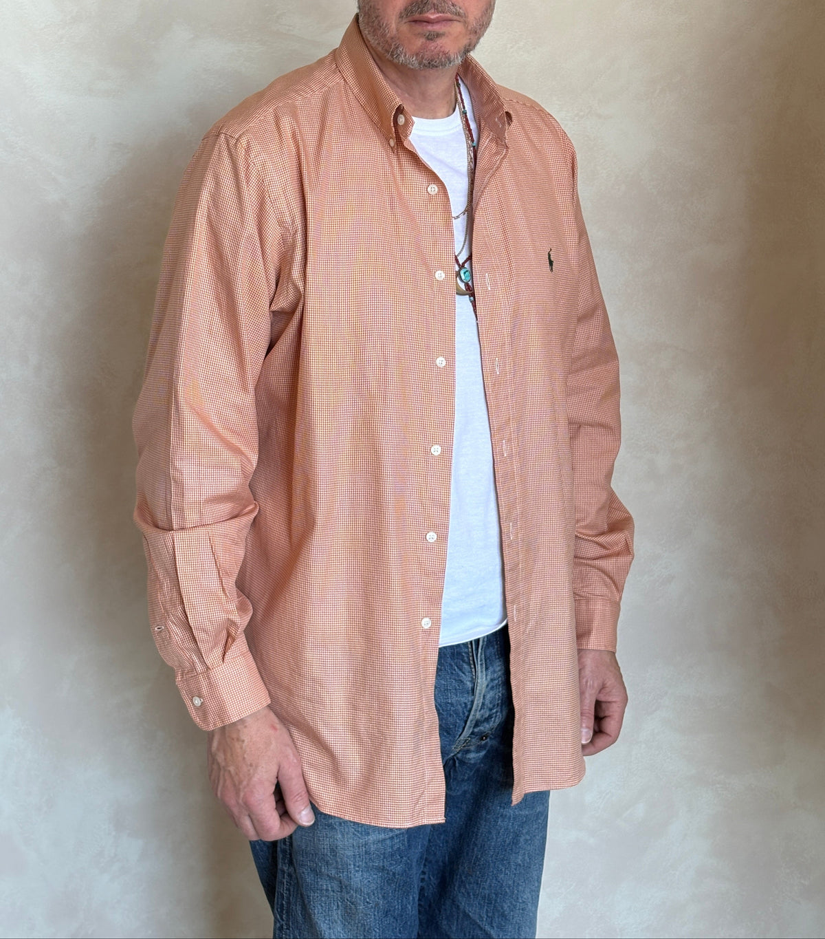Ralph Lauren Classic Fit Button-Down Shirt Large | Rust Orange Houndstooth Cotton | Vintage Mens Shirt-AJ357 Studio