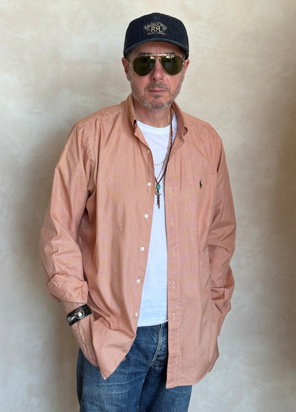 Ralph Lauren Classic Fit Button-Down Shirt Large | Rust Orange Houndstooth Cotton | Vintage Mens Shirt