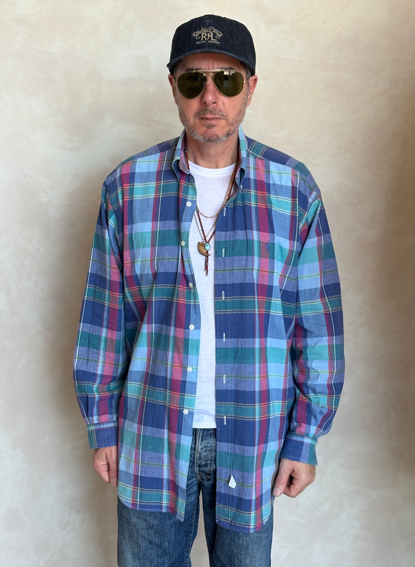 Ralph Lauren Hand Woven Madras Plaid Shirt Large | Blue Red Green Cotton | Vintage Mens Shirt