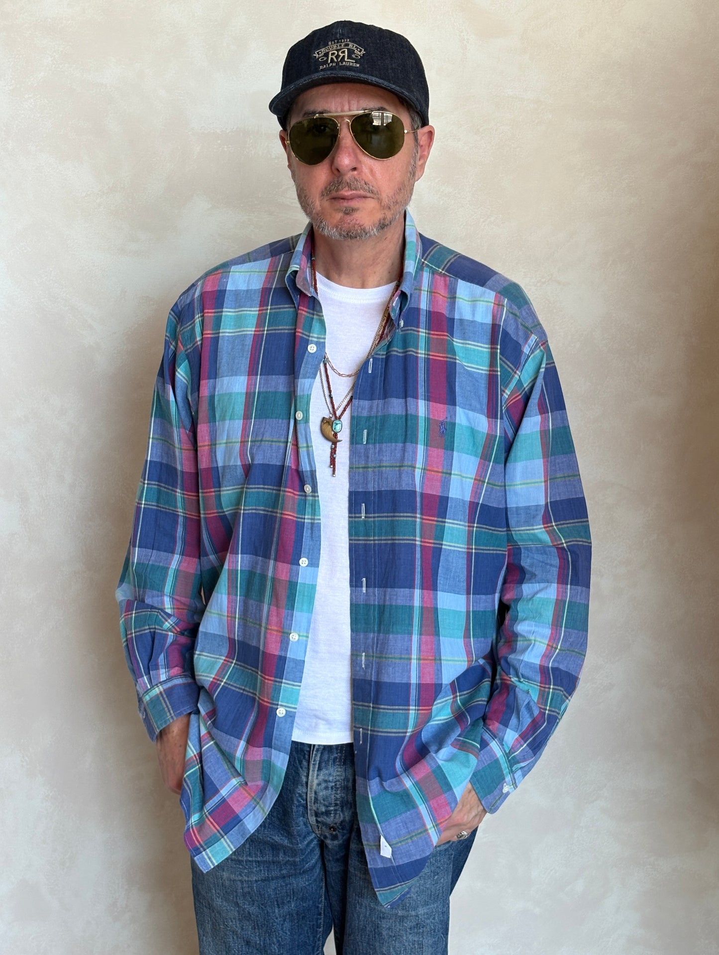 Ralph Lauren Hand Woven Madras Plaid Shirt Large | Blue Red Green Cotton | Vintage Mens Shirt