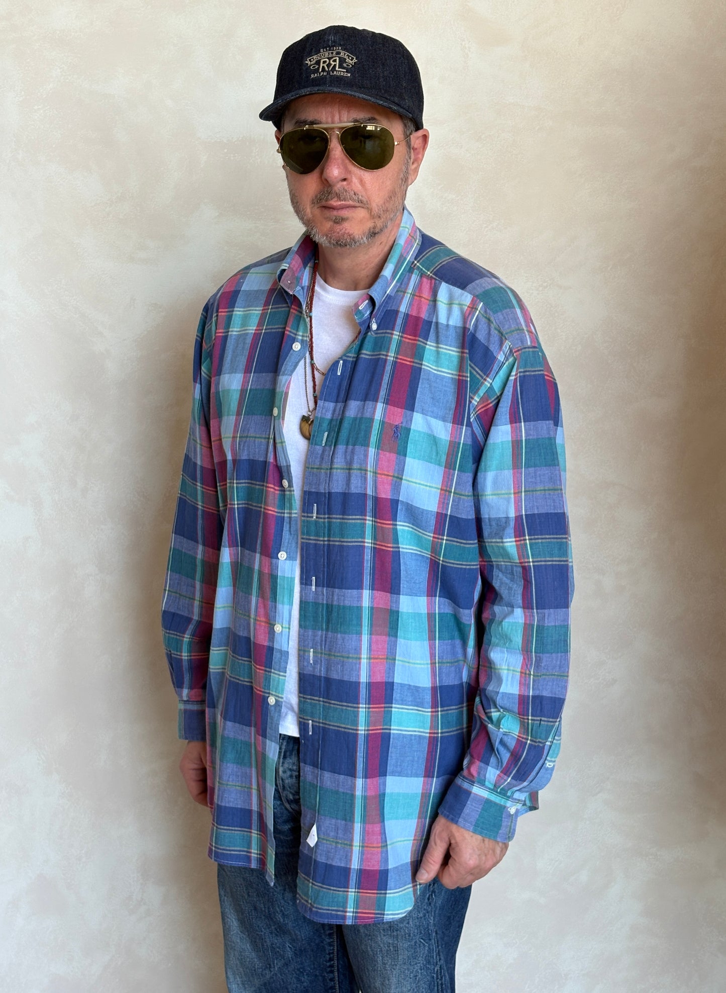 Ralph Lauren Hand Woven Madras Plaid Shirt Large | Blue Red Green Cotton | Vintage Mens Shirt