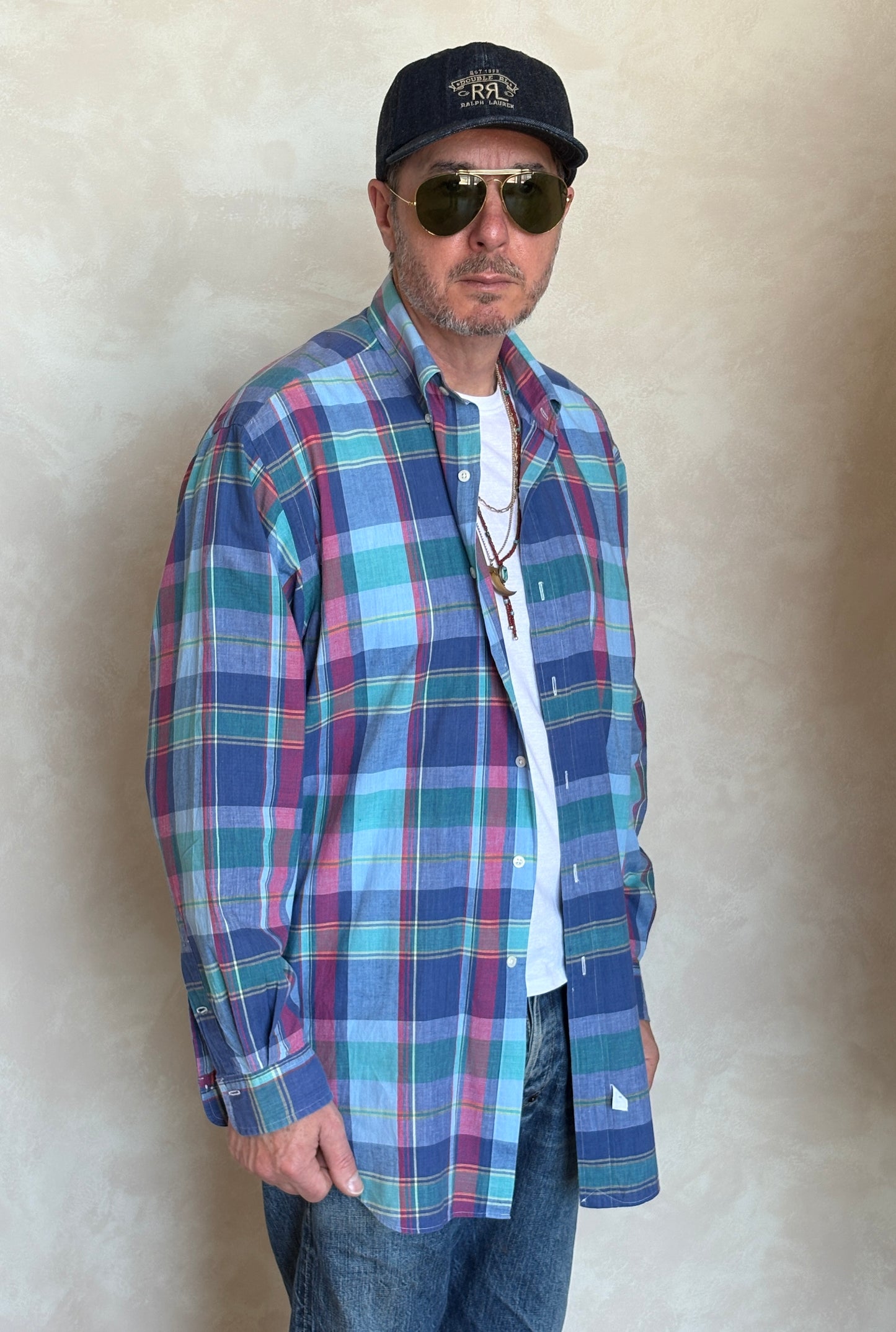 Ralph Lauren Hand Woven Madras Plaid Shirt Large | Blue Red Green Cotton | Vintage Mens Shirt
