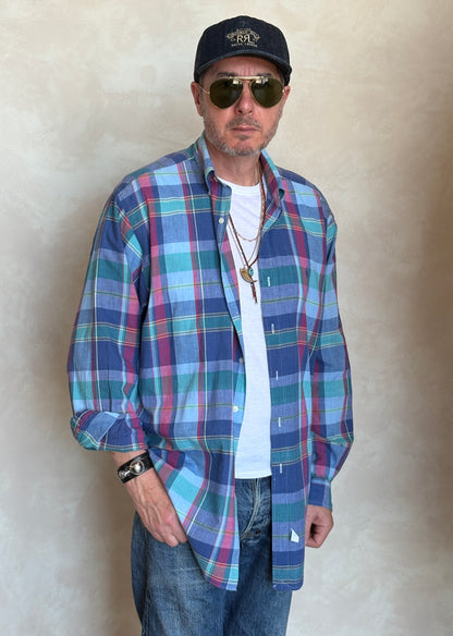 Ralph Lauren Hand Woven Madras Plaid Shirt Large | Blue Red Green Cotton | Vintage Mens Shirt
