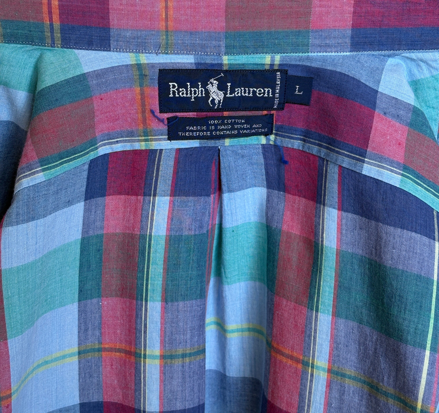 Ralph Lauren Hand Woven Madras Plaid Shirt Large | Blue Red Green Cotton | Vintage Mens Shirt