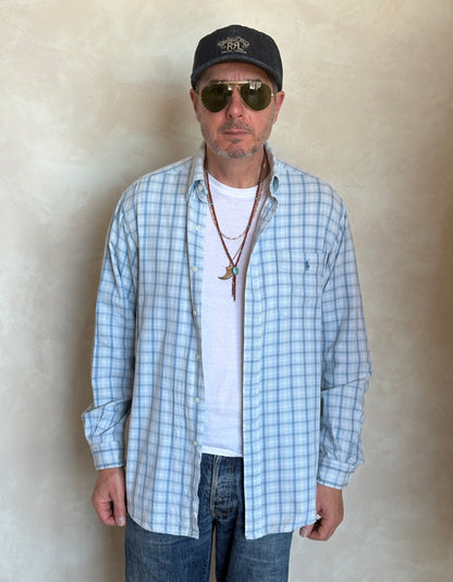 Ralph Lauren Sport Button-Down Shirt Large | Light Blue Plaid Cotton | Vintage Mens Shirt — As Is