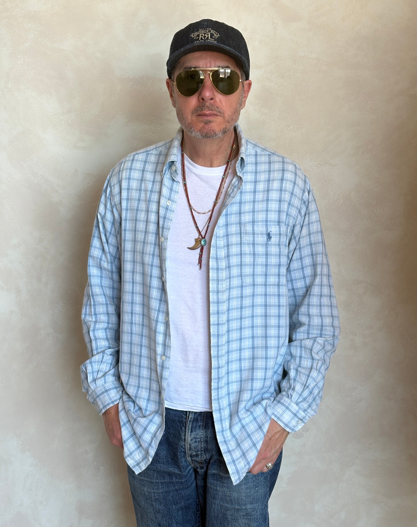 Ralph Lauren Sport Button-Down Shirt Large | Light Blue Plaid Cotton | Vintage Mens Shirt — As Is