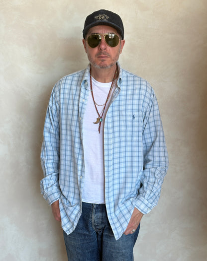 Ralph Lauren Sport Button-Down Shirt Large | Light Blue Plaid Cotton | Vintage Mens Shirt — As Is