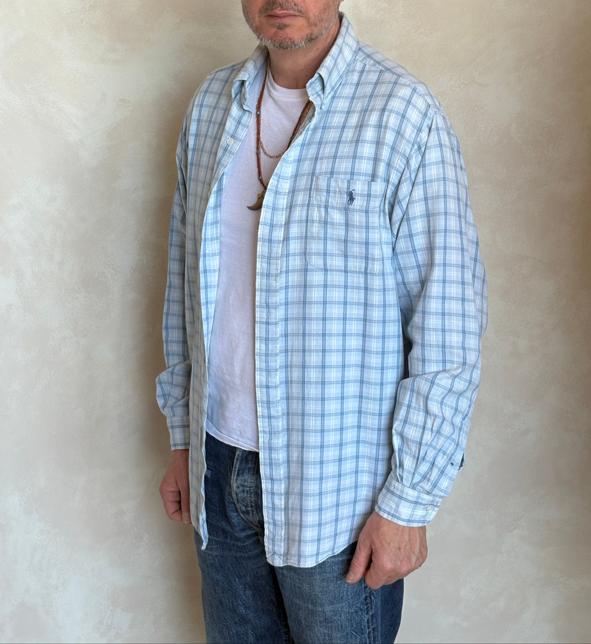 Ralph Lauren Sport Button-Down Shirt Large | Light Blue Plaid Cotton | Vintage Mens Shirt — As Is-AJ357 Studio