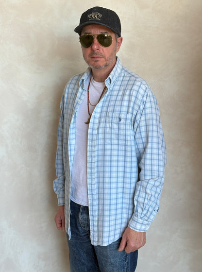Ralph Lauren Sport Button-Down Shirt Large | Light Blue Plaid Cotton | Vintage Mens Shirt — As Is
