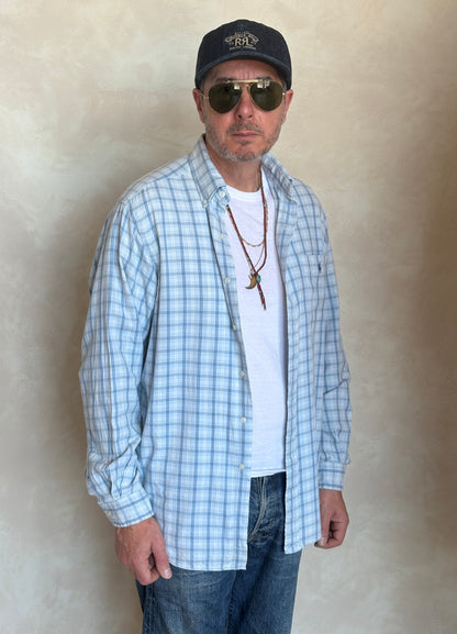 Ralph Lauren Sport Button-Down Shirt Large | Light Blue Plaid Cotton | Vintage Mens Shirt — As Is
