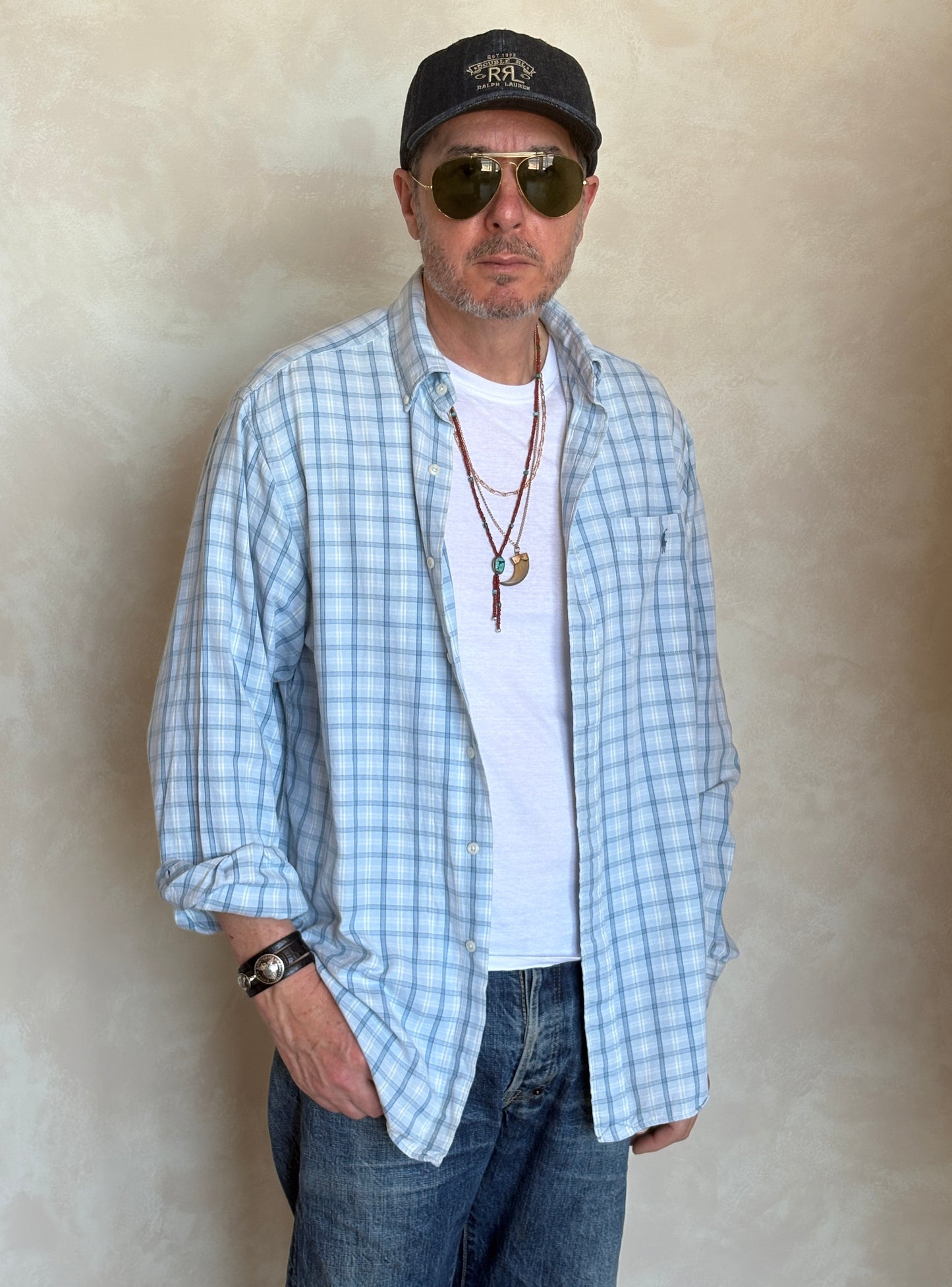 Ralph Lauren Sport Button-Down Shirt Large | Light Blue Plaid Cotton | Vintage Mens Shirt — As Is