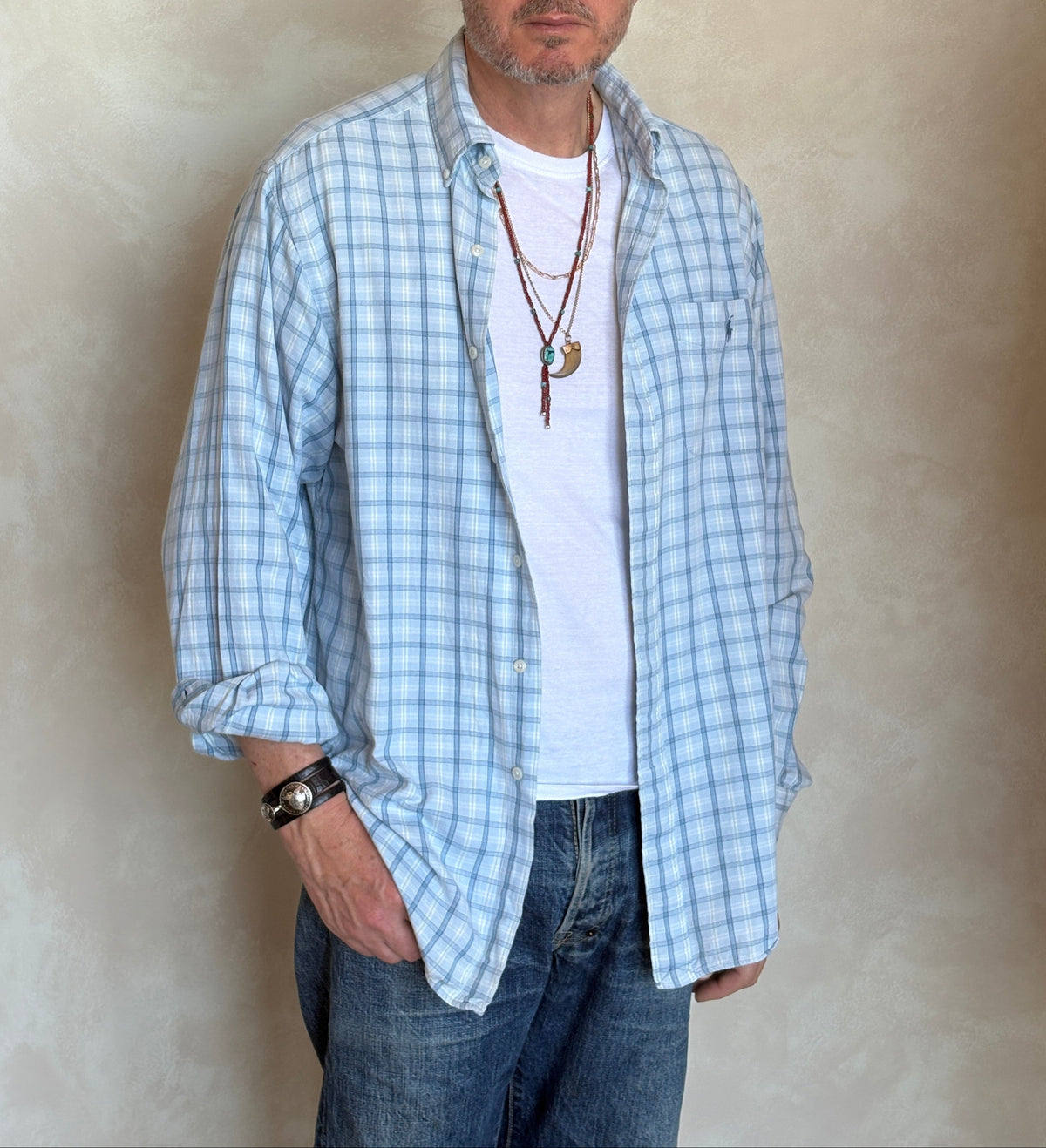 Ralph Lauren Sport Button-Down Shirt Large | Light Blue Plaid Cotton | Vintage Mens Shirt — As Is-AJ357 Studio