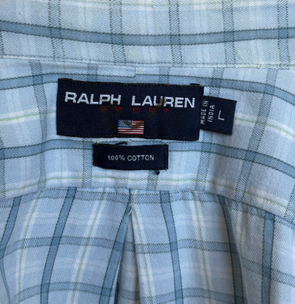 Ralph Lauren Sport Button-Down Shirt Large | Light Blue Plaid Cotton | Vintage Mens Shirt — As Is